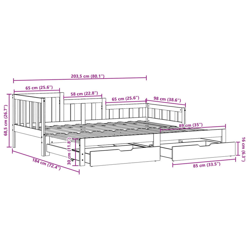 Uttrekkbar dagseng med skuffer 90x200 cm heltre furu