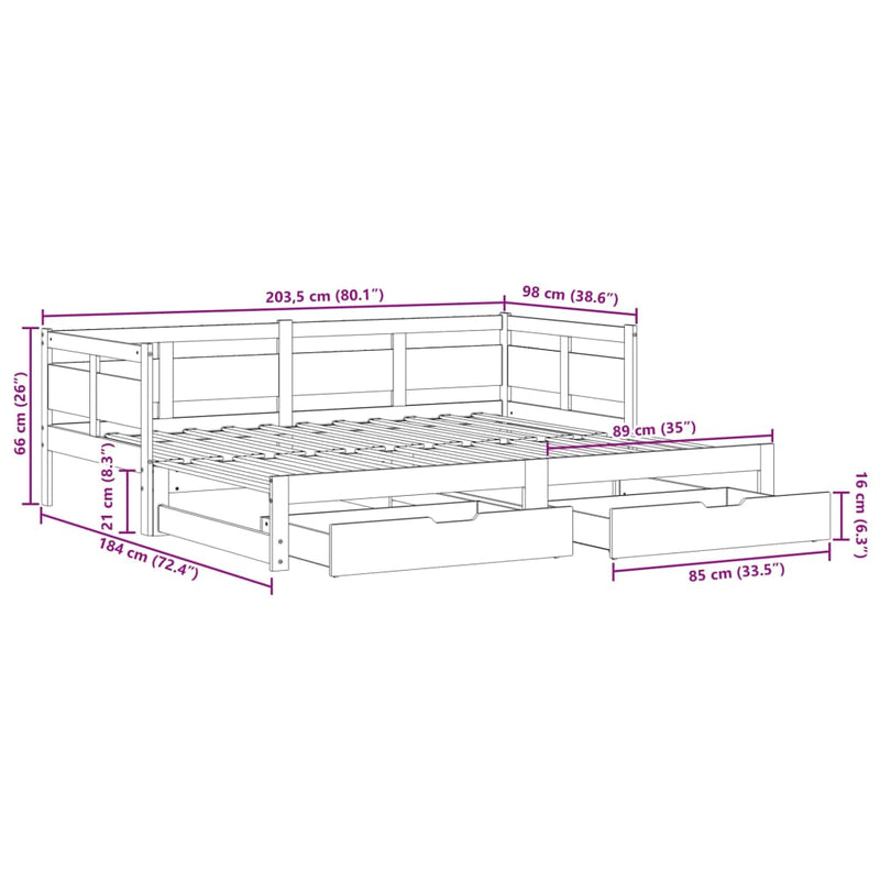 Uttrekkbar dagseng med skuffer 90x200 cm heltre furu