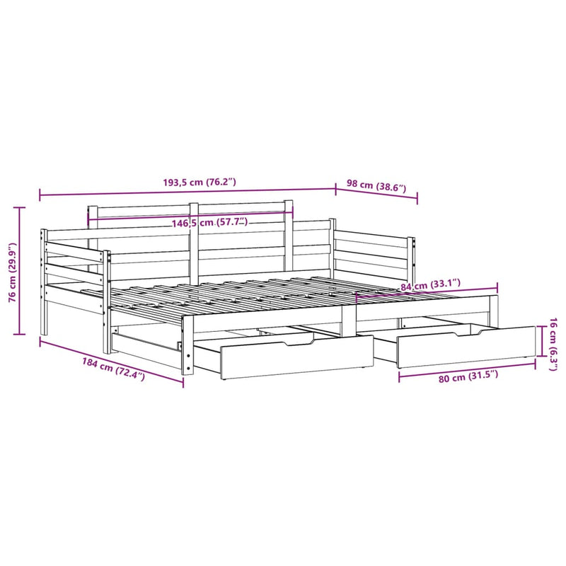 Uttrekkbar dagseng med skuffer hvit 90x190 cm heltre furu