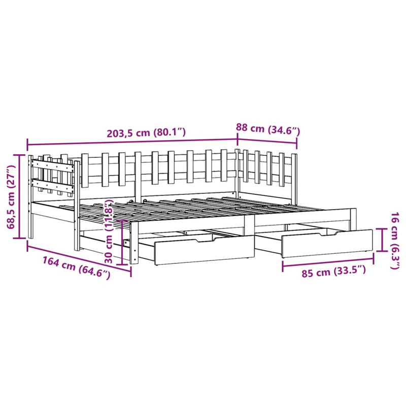 Uttrekkbar dagseng med skuffer hvit 80x200 cm heltre furu