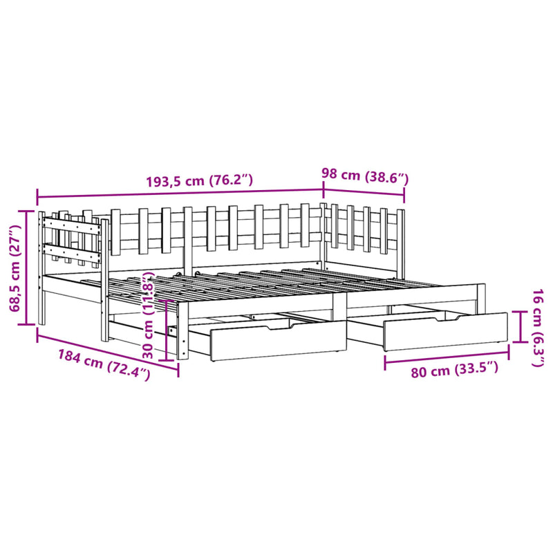 Uttrekkbar dagseng med skuffer hvit 90x190 cm heltre furu