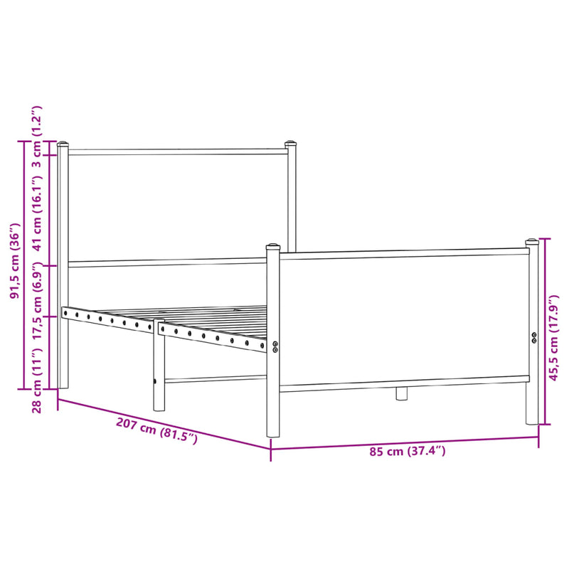 Sengeramme i metall med hode- og fotgavl sonoma eik 80x200 cm