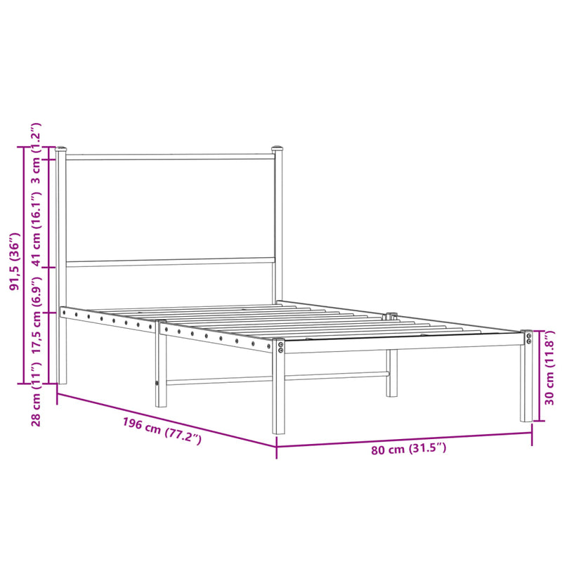 Sengeramme i metall med hodegavl brun eik 75x190 cm