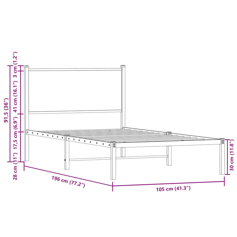 Sengeramme i metall med hodegavl brun eik 100x190 cm