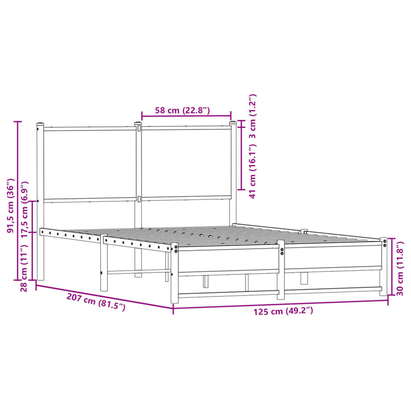 Sengeramme i metall med hodegavl sonoma eik 120x200 cm