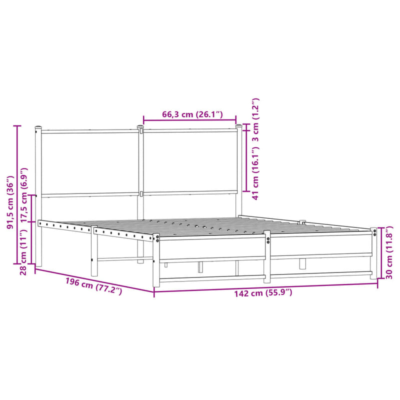 Sengeramme i metall med hodegavl sonoma eik 137x190 cm