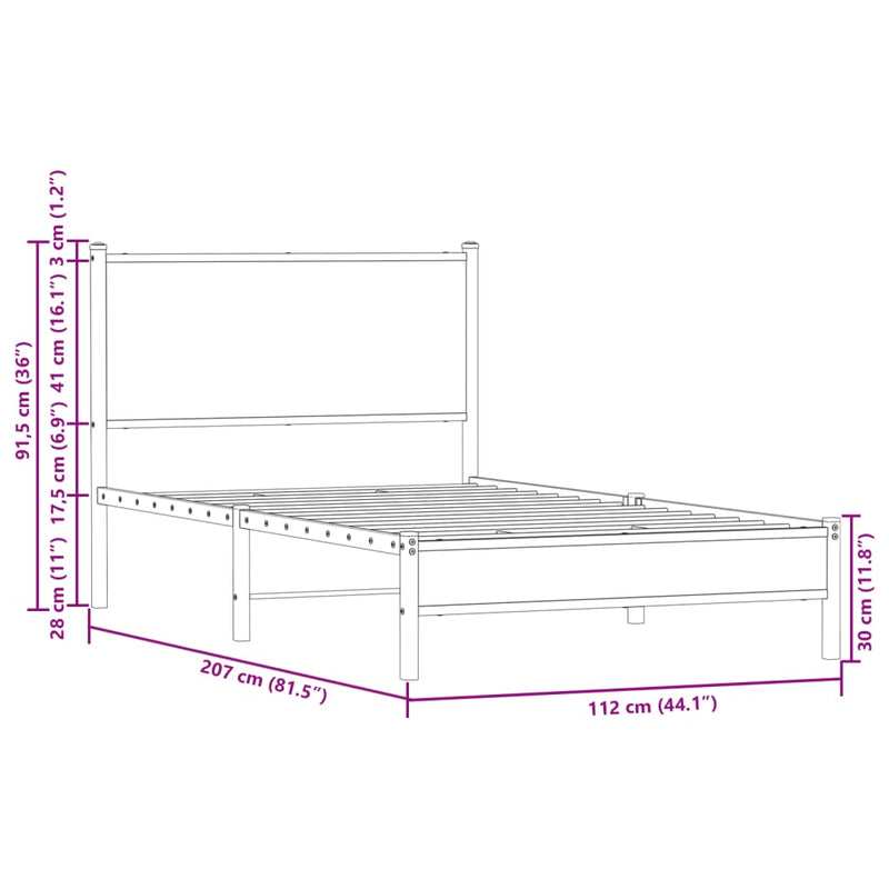 Sengeramme i metall med hodegavl brun eik 107x203 cm