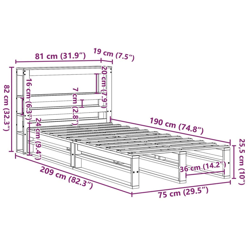 Sengeramme uten madrass hvit 75x190 cm heltre furu