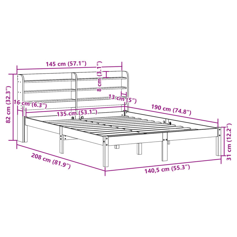 Sengeramme uten madrass hvit 135x190 cm heltre furu