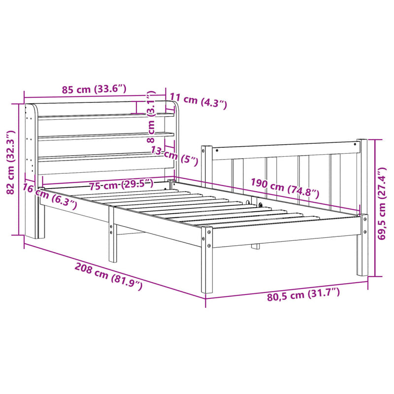 Sengeramme uten madrass 75x190 cm heltre furu