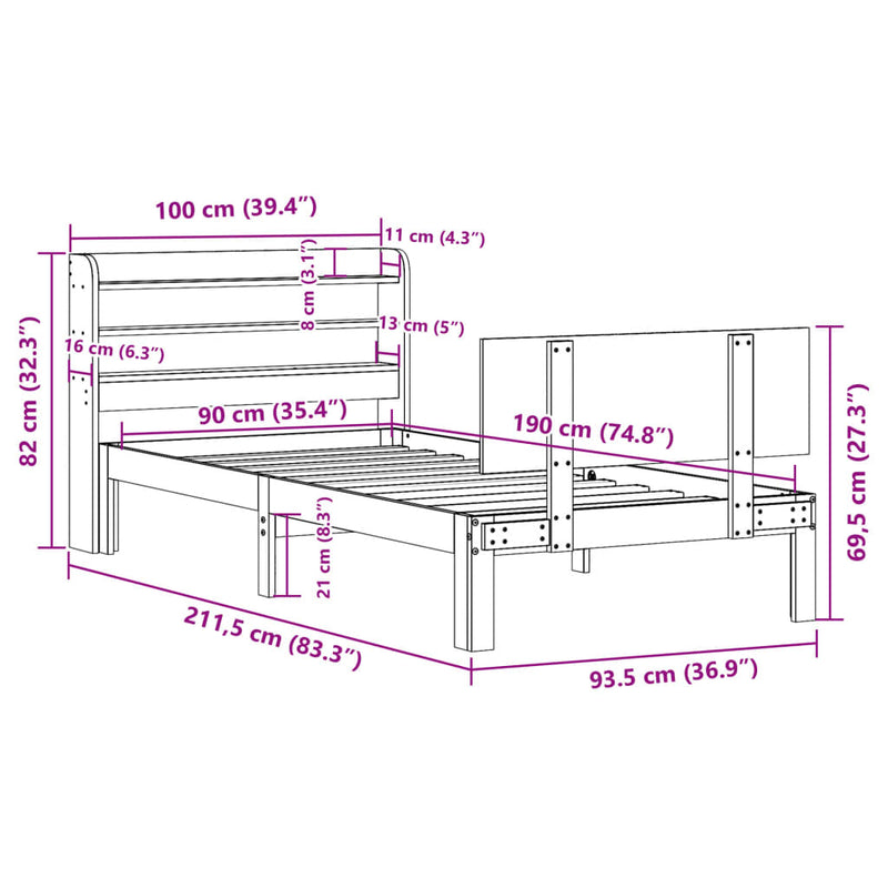 Sengeramme med hodegavl hvit 90x190 cm heltre furu