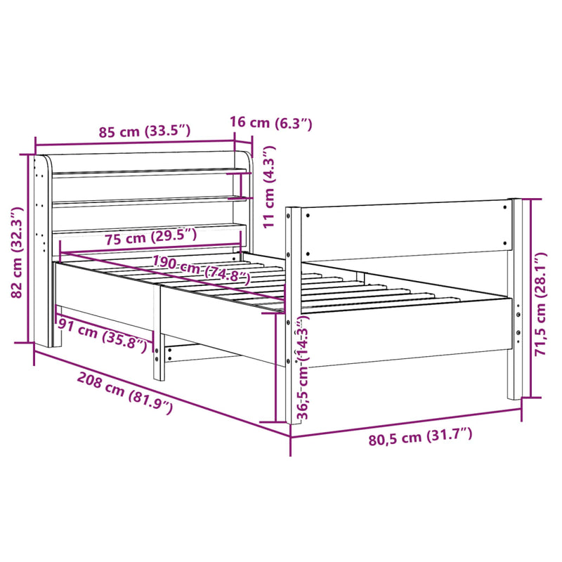 Sengeramme uten madrass voksbrun 75x190 cm heltre furu