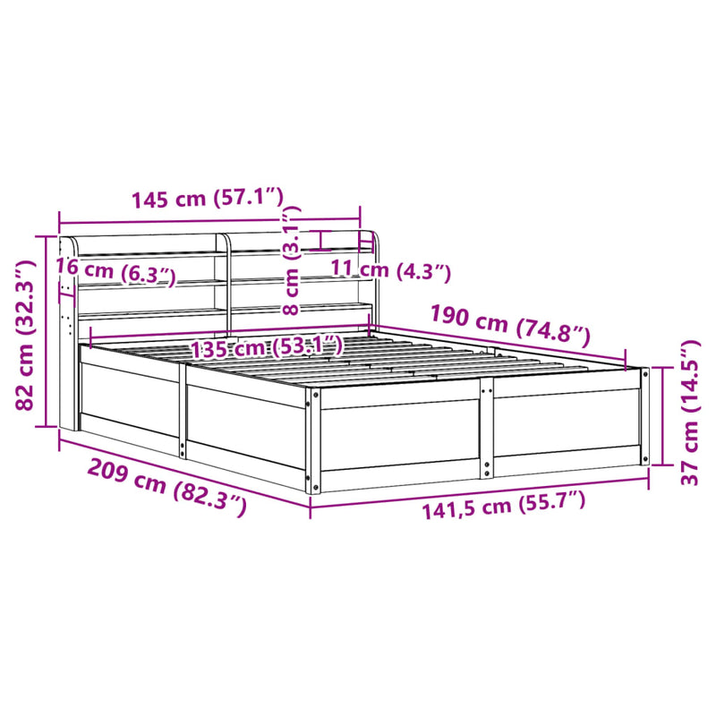 Sengeramme med hodegavl voksbrun 135x190 cm heltre furu