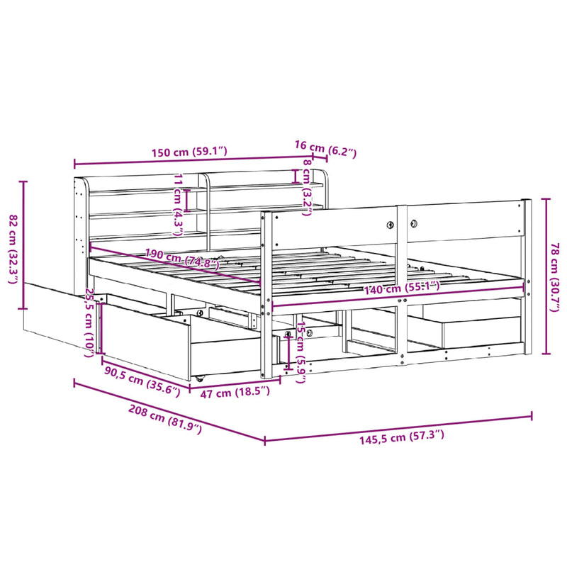 Sengeramme uten madrass voksbrun 140x190 cm heltre furu