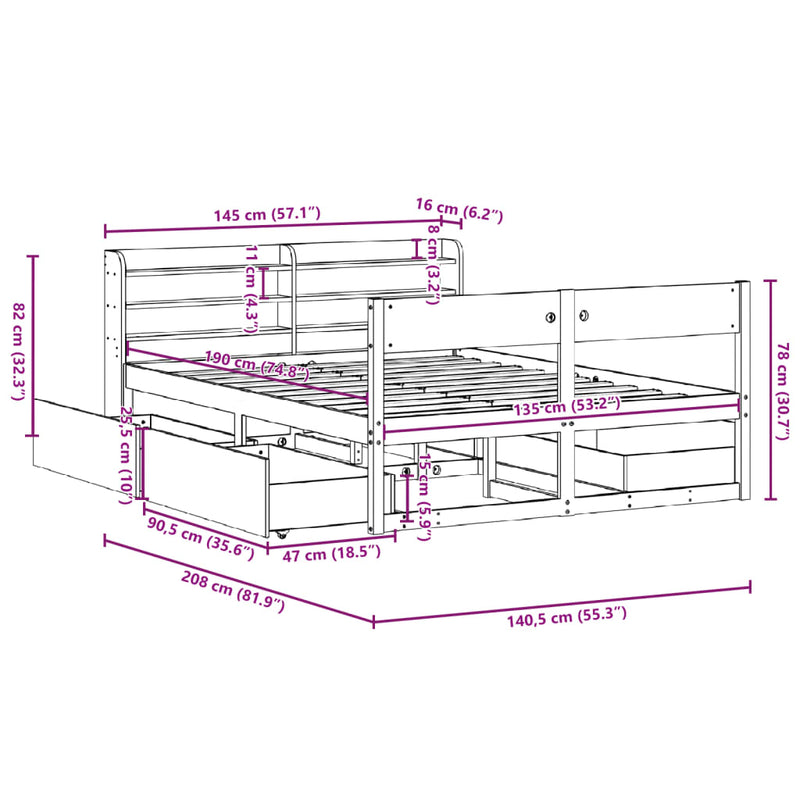 Sengeramme uten madrass brun 135x190 cm heltre furu