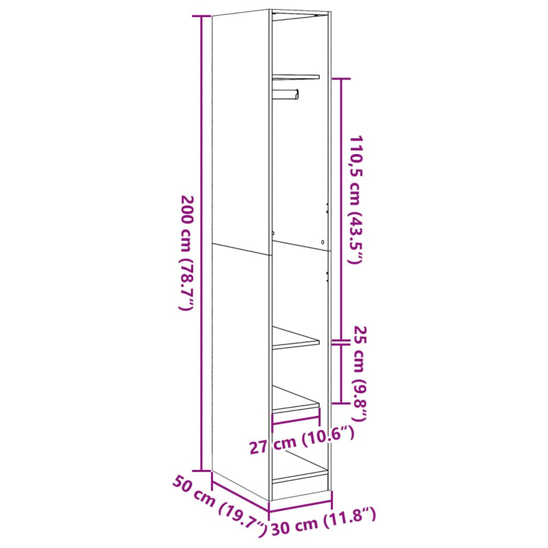 Garderobe gammelt tre 30x50x200 cm konstruert tre