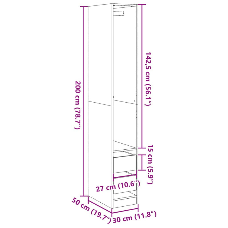 Garderobe svart 30x50x200 cm konstruert tre