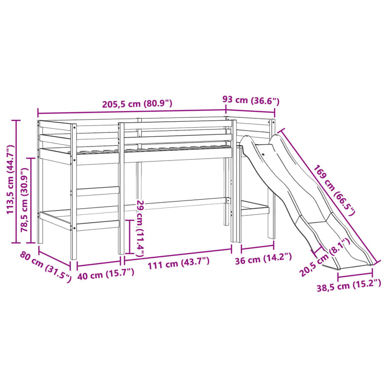 Loftseng for barn uten madrass voksbrun 80x200 cm heltre furu