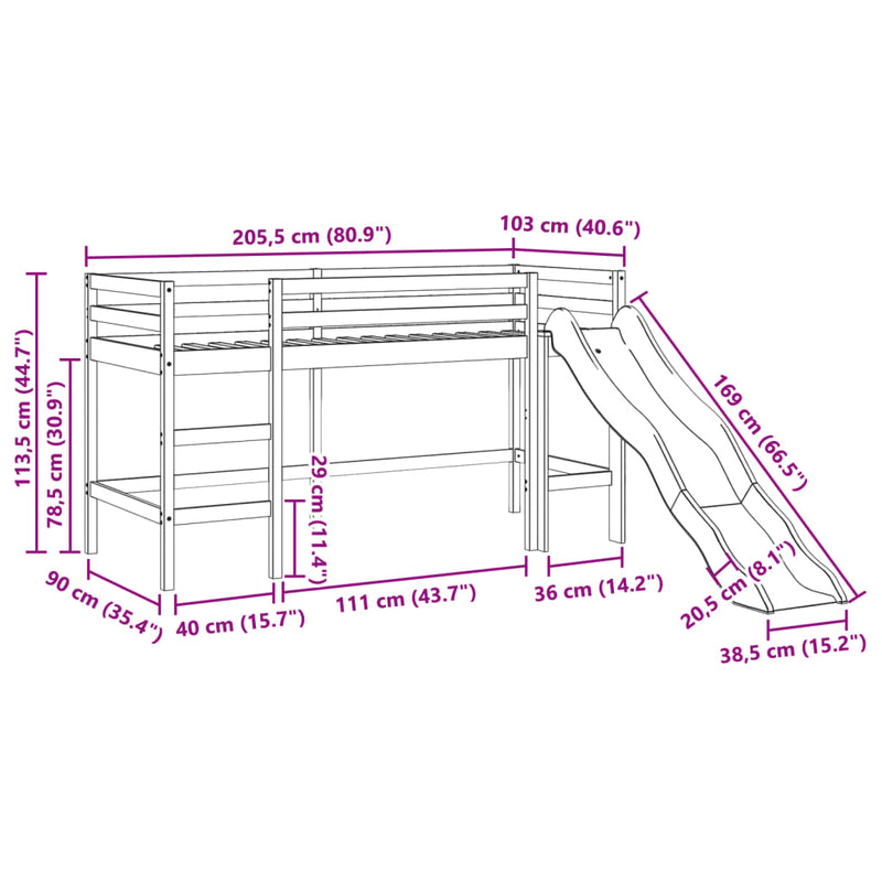 Loftseng for barn uten madrass hvit 90x200 cm heltre furu