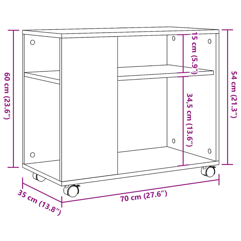 Sidebord med hjul gammelt tre 70x35x60 cm konstruert tre