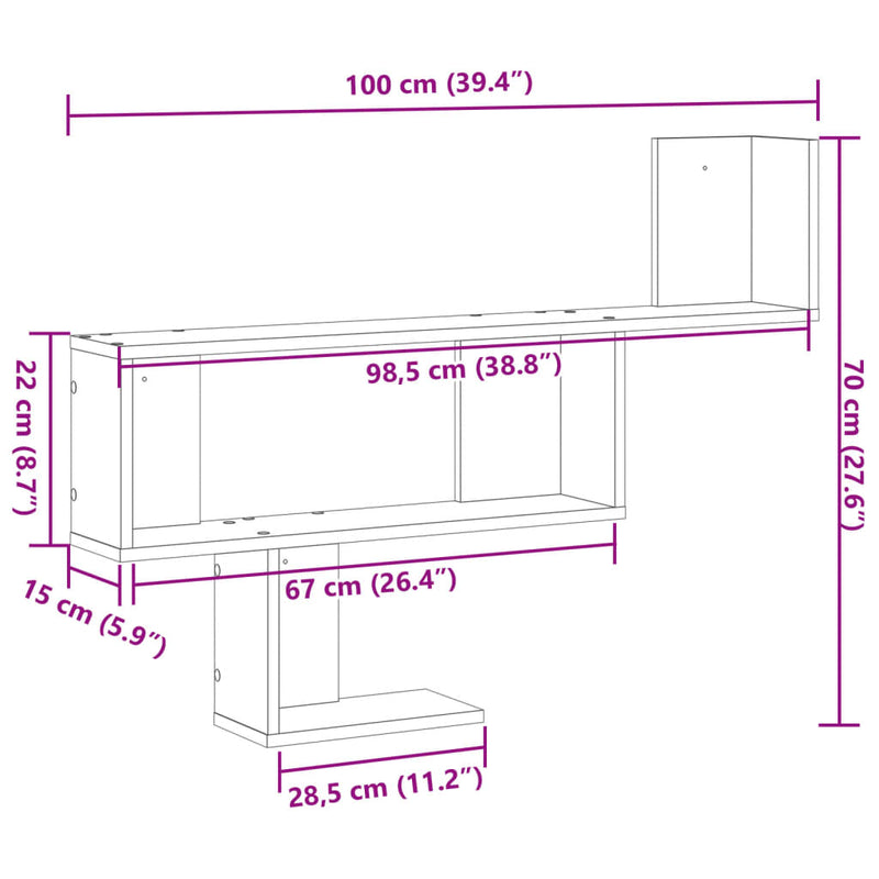 Vegghylle brun eik 100x15x70 cm konstruert tre