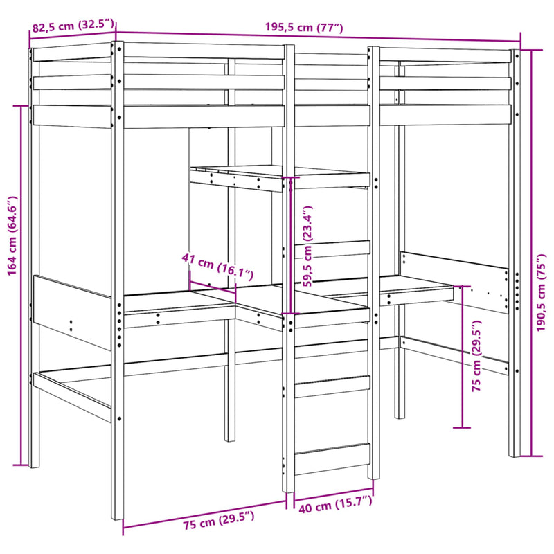 Ramme for loftseng uten madrass 75x190 cm heltre furu