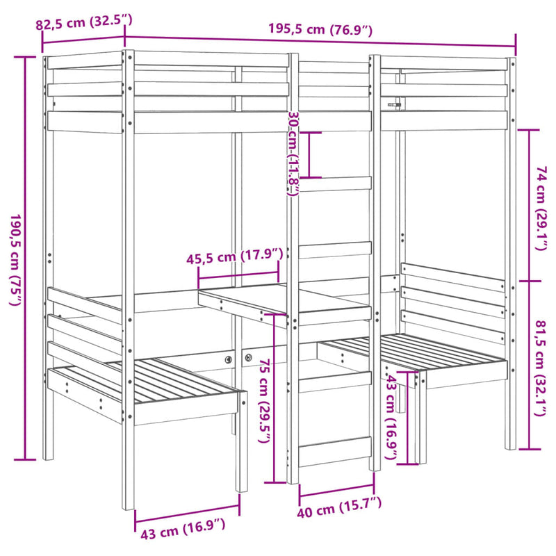 Ramme for loftseng skrivebord stoler hvit 75x190 cm heltre furu