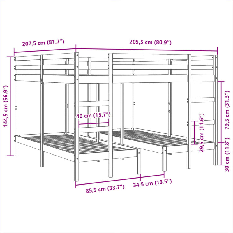 Trippel ramme for køyeseng 140x200/70x140 cm heltre furu