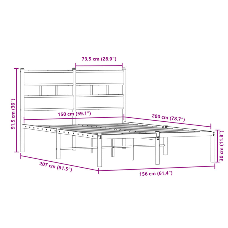 Sengeramme i metall uten madrass røkt eik 150x200 cm