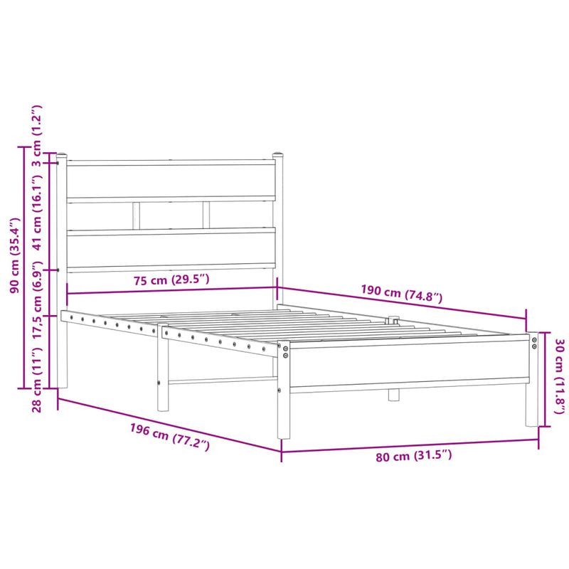 Sengeramme uten madrass med hodegavl sonoma eik 75x190 cm