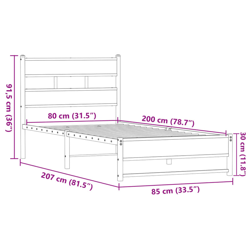 Sengeramme i metall uten madrass brun eik 80x200 cm