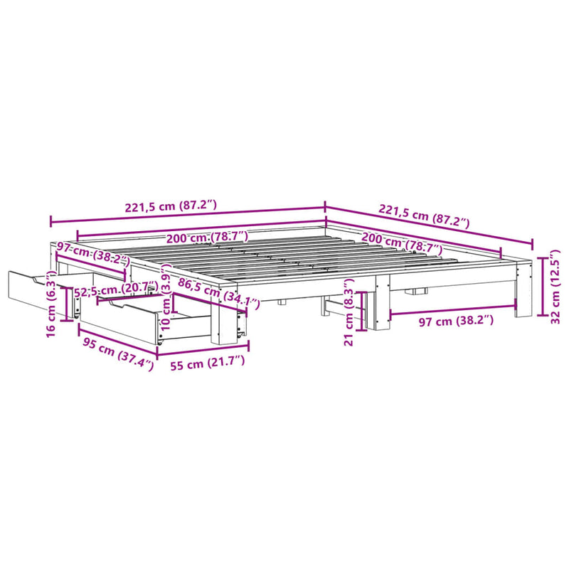 Sengeramme med madrass hvit 200x200 cm heltre furu