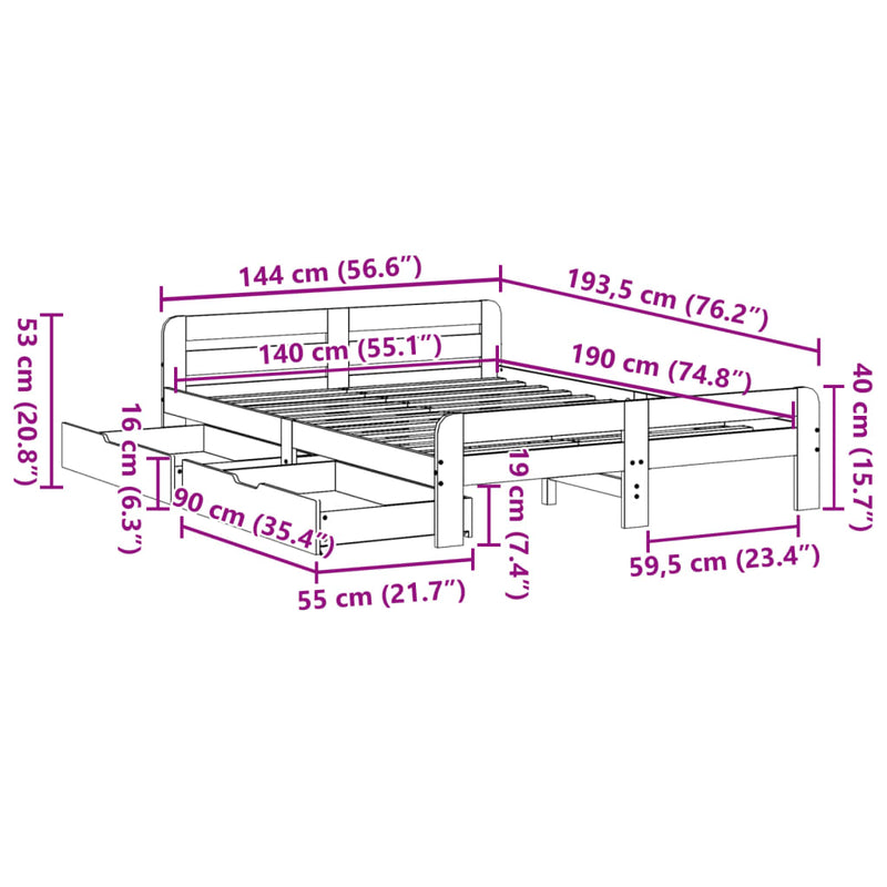 Sengeramme uten madrass hvit 140x190 cm heltre furu