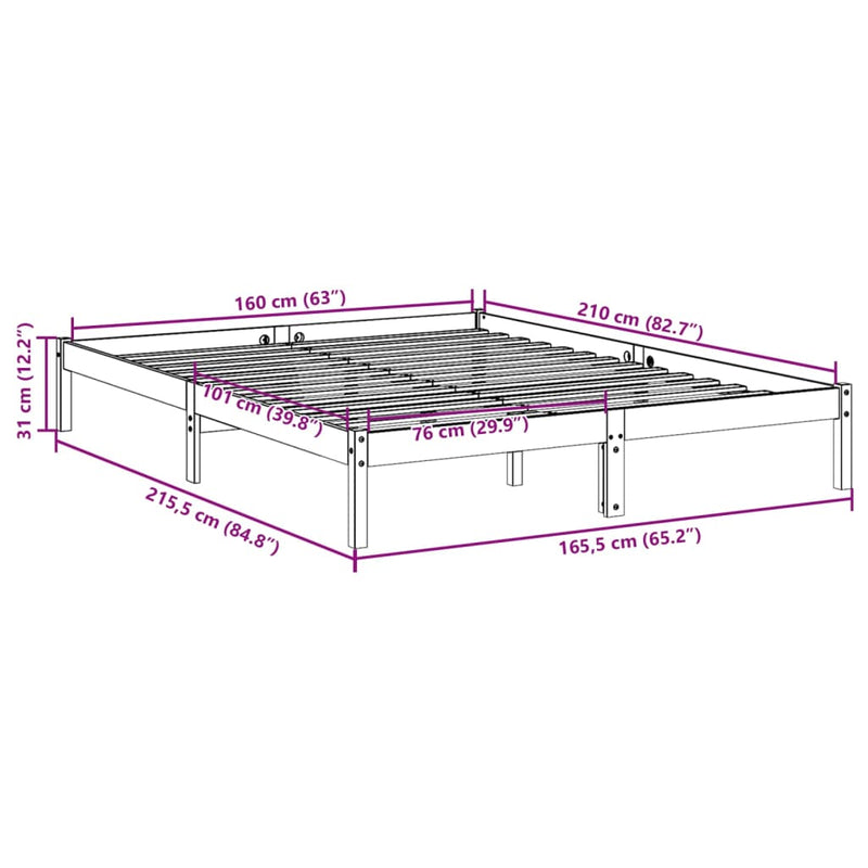 Ekstra lang sengeramme uten madrass hvit 160x210 cm heltre furu