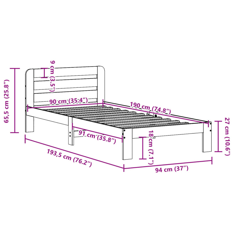 Sengeramme uten madrass hvit 90x190 cm heltre furu