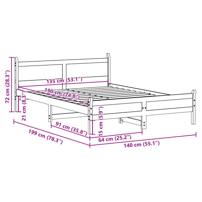 Sengeramme uten madrass brun 135x190 cm heltre furu