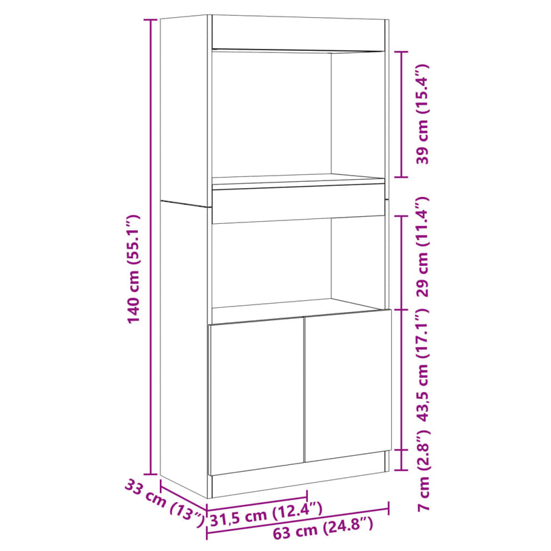 Highboard betonggrå 63x33x140 cm konstruert tre