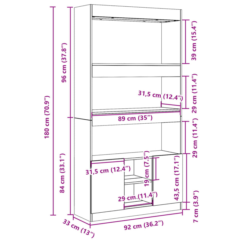 Highboard hvit 92x33x180 cm konstruert tre