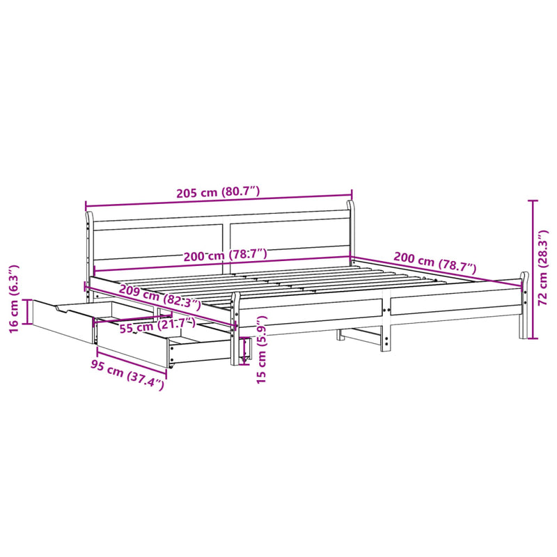 Sengeramme med madrass hvit 200x200 cm heltre furu