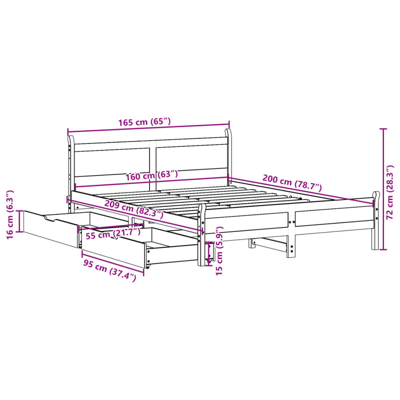 Sengeramme uten madrass hvit 160x200 cm heltre furu