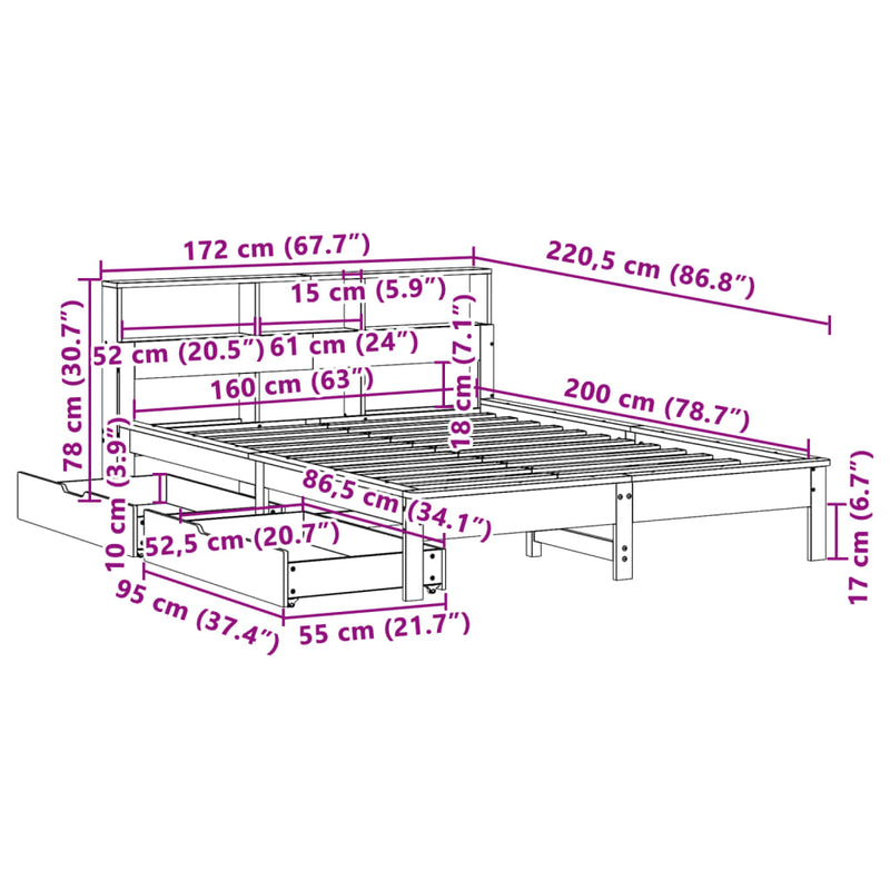 Seng med bokhylle uten madrass hvit 160x200 cm heltre furu