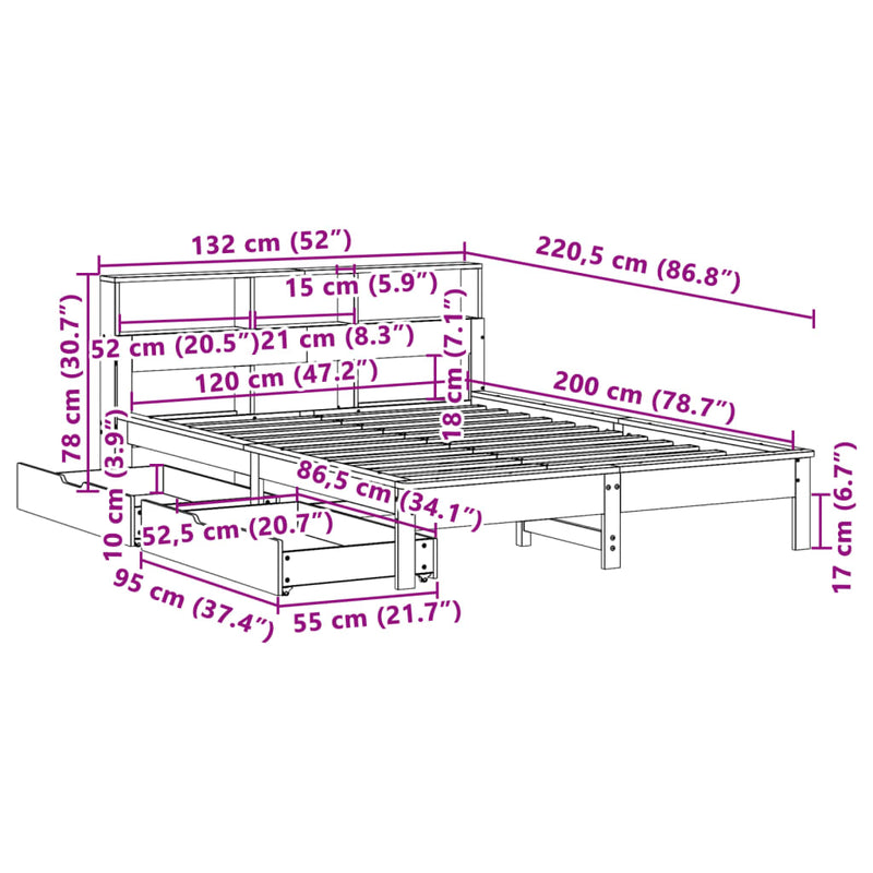 Seng med bokhylle uten madrass 120x200 cm heltre furu