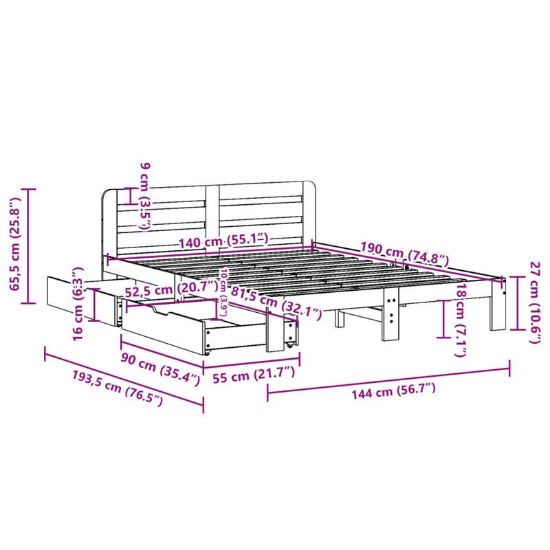 Sengeramme uten madrass voksbrun 140x190 cm heltre furu