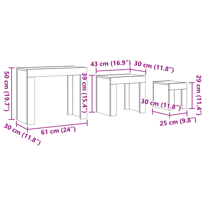 Stablebare salongbord 3 stk gammelt tre konstruert tre