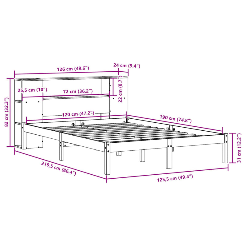 Seng med bokhylle uten madrass 120x190 cm heltre furu