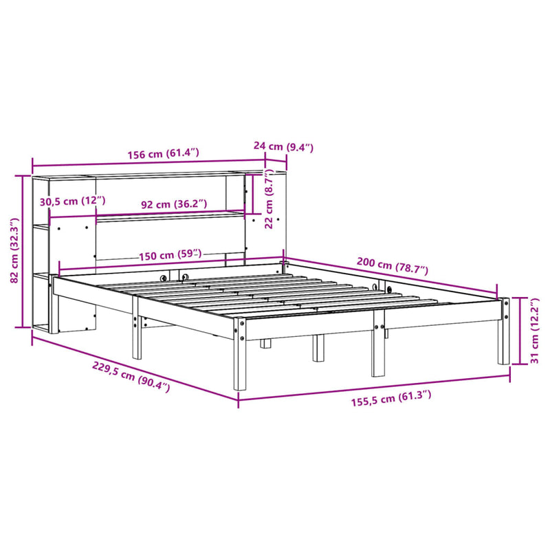 Seng med bokhylle uten madrass 150x200 cm heltre furu