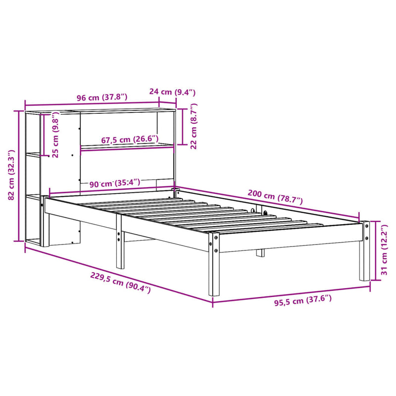 Seng med bokhylle uten madrass voksbrun 90x200 cm heltre furu