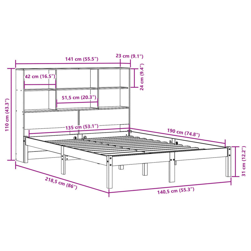 Seng med bokhylle uten madrass 135x190 cm heltre furu