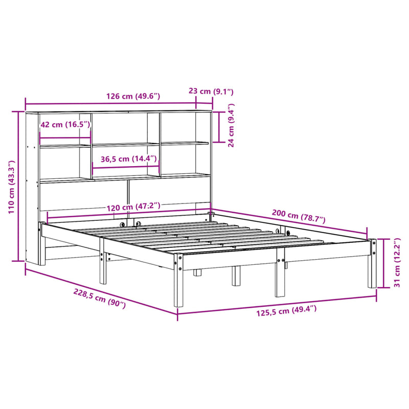 Seng med bokhylle uten madrass 120x200 cm heltre furu