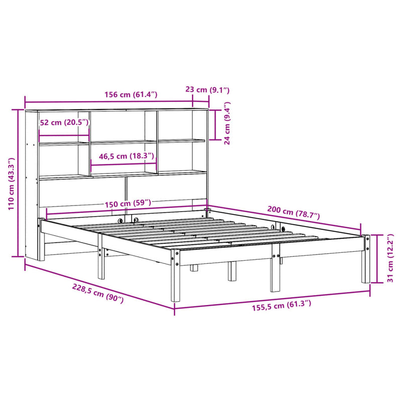 Seng med bokhylle uten madrass 150x200 cm heltre furu